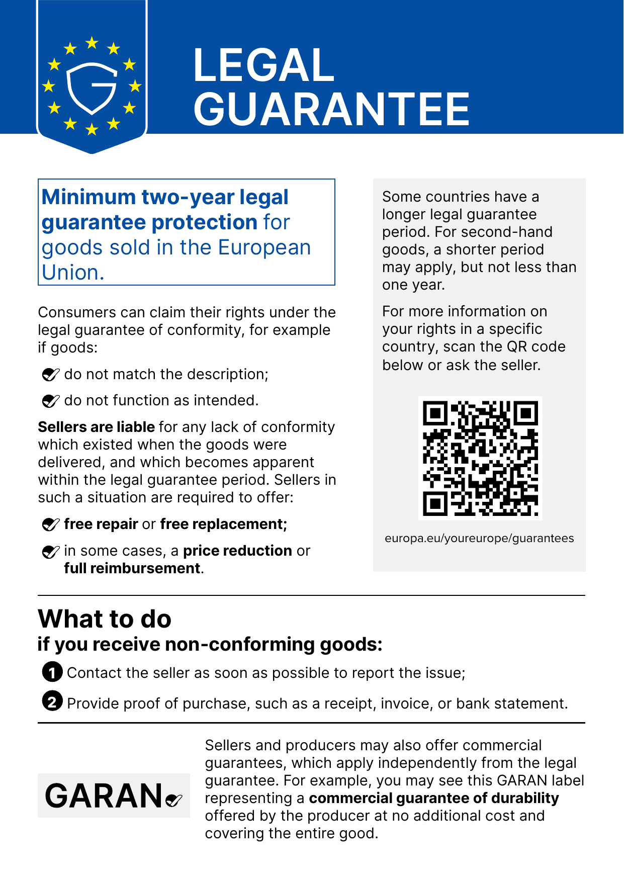Harmonised notice on the legal guarantee of conformity, page 1